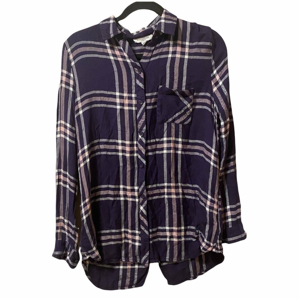 Beach Lunch Lounge Womens XS Shirt Purple Pink Plaid Button Up Long Sleeve